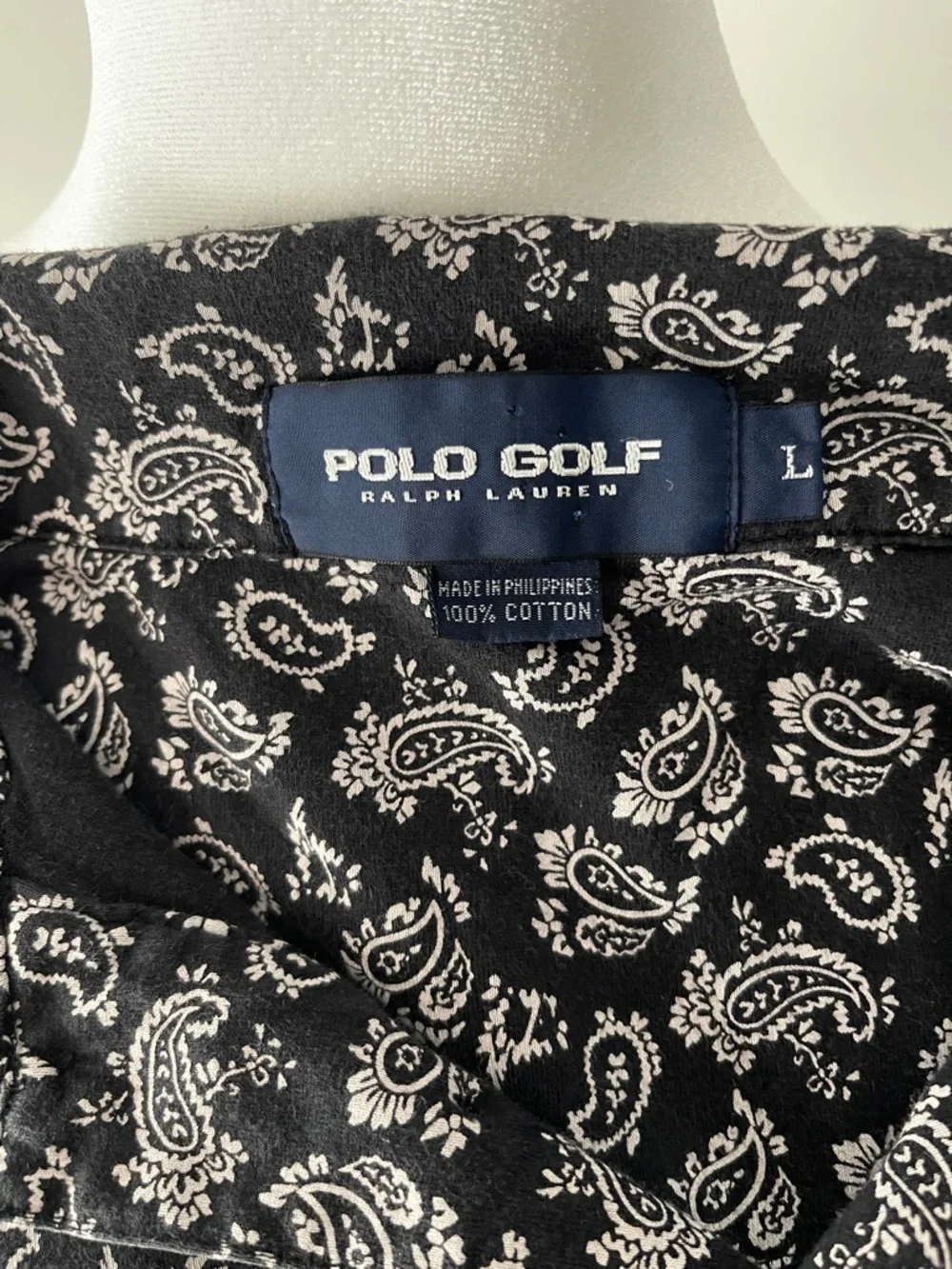 Vintage Polo Golf Black Polo with White Paisley Print
